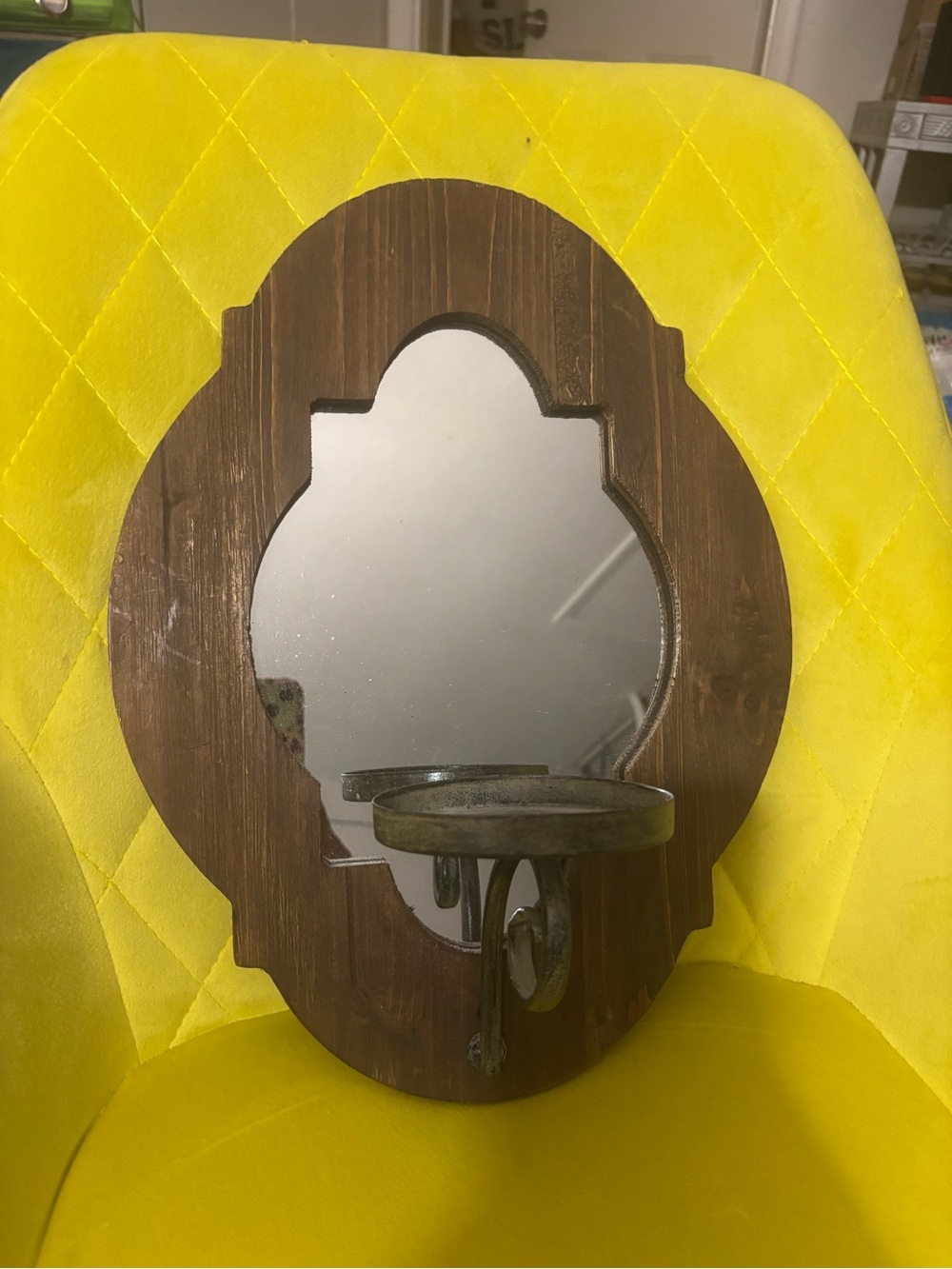 Wood-Framed Wall Mirror with Metal Shelf